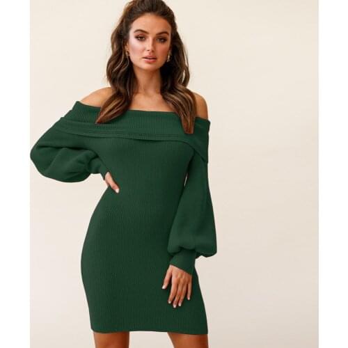 Sexy Off Shoulder Bodycon Knit Mini Dress Fashion Bag Hip High Waist Party Dresses Vintage Lantern Long Sleeve Autumn Vestidos