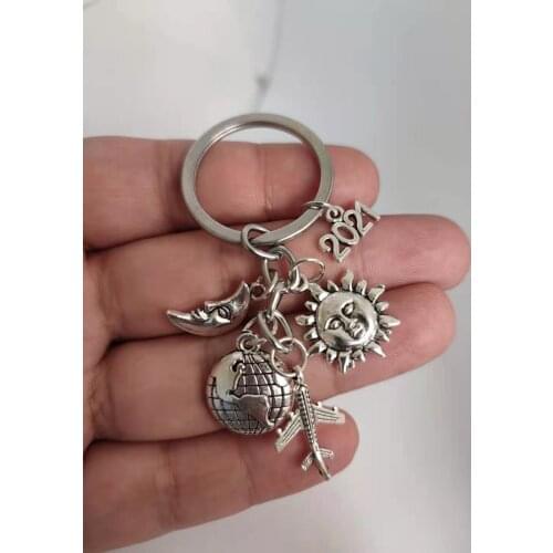 2021 New Fashion Sun Moon Airplane Earth Silver Keychain Like Traveling Friends Gift