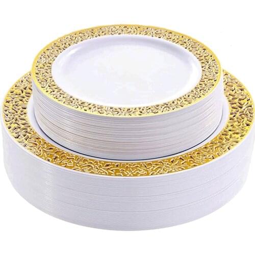 25PACK Gold Lace Design Wedding Party Plastic Plates, Fancy Salad Plates and Appetizer Plates for all Holidays and Occasions