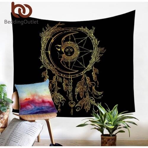BeddingOutlet Dreamcatcher Tapestry Golden Black Decorative Wall Hanging Bohemian Bedspreads Sun and Moon Exotic Sheet 150x200cm