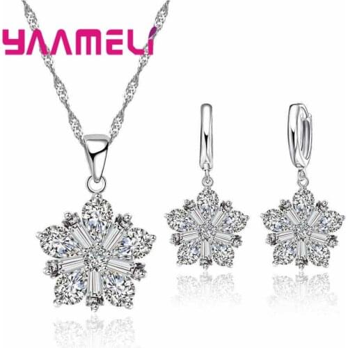 Factory Price Top Quality Silver Pretty Flower Jewelry Sets Pendant Necklace Earring Zircon Crystal Wedding Jewelry Set