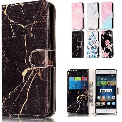 For Huawei P8 Lite Case Leather Flip Cover For Huawei P8 Lite NEW Fashion Marble Flower Pattern Wallet Magnetic Stand Phone Bag