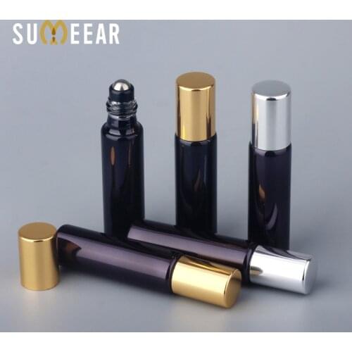 100PCS/Lot 10ml Essential Oil Bottles Refillable Black UV Glass Perfume Bottle With Metal Roll On Empty Essential Oil For Travel