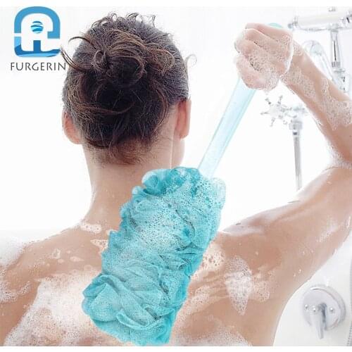 FURGERIN mesh bath sponge with handle Bath Brush Long Handle spa brushes back scrubber body brush massage body wash cleaning PE