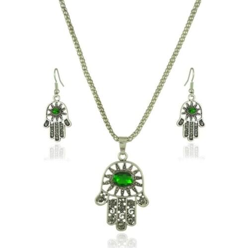 FYJS Unique Silver Plated Alloy Hand of Fatima with Crystal Pendant Necklace Drop Earrings Amulet Jewelry Sets