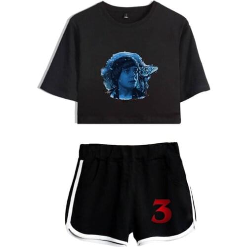 Stranger Things Navel Tshirt Two Piece Set Summer New Arrivals Sexy Top+Pants Suit Girl Sets Stranger Things t shirt+Short Pants