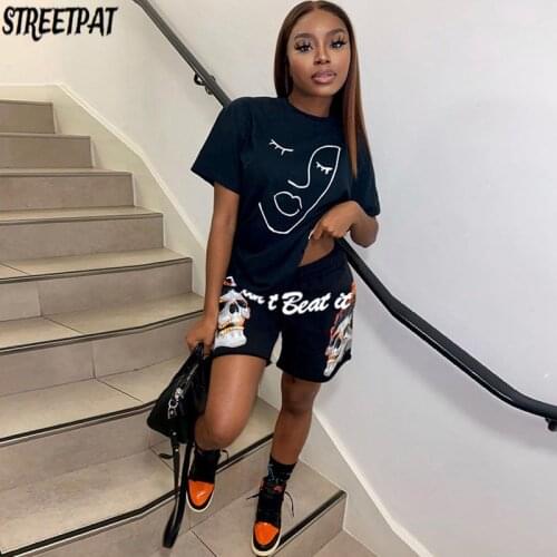 Streetwear Print 2 Two Piece Set Women Tracksuit Loose T-Shirts Tops+Biker Shorts Sets Club Vacation Outfits Summer Sport 2021