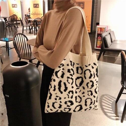 Lady Knitting Gypsy Bohemian Boho Chic Leopard Tote Bag Women Crochet Woolen Open Shopper Top handle Bag Female Shoulder Bag