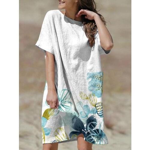 Summer Comfortable Short Dressses Women Fashion Round Neck Short-Sleeved Printing Dress Female Casual Loose Sundress Wholesale