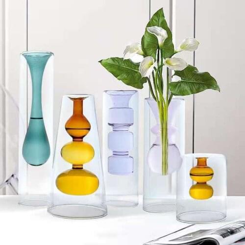 Fashion European Color Glass Hydroponic Vase Creative Double-layer Transparent Vase Desktop Decoration Hydroponic Flower Vase