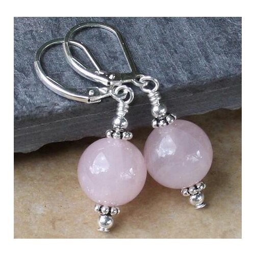 Fashion Handmade Rose Quartz Round Beads Sterling Silver Dangle Earrings