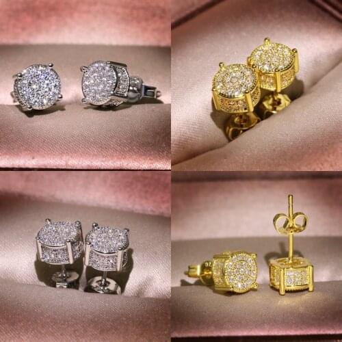 2019 New Luxury Bling Zircon Stone 925 Sterling Silver &Gold Round Stud Earrings for Man Women Hip Hop Fashion Jewelry