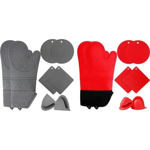 Silicone Oven Mitts and Hot Pads Set, Jumeijia 8Pcs Extra Long Kitchen Oven Silicone Gloves with Non-Slip Heat