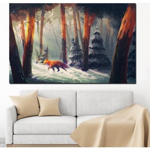 Wall Art Abstract Red Fox Forest Lanscape Animal Oil Painting Print on Canvas Wall Picture Poster for Living Room Cuadrs Decor