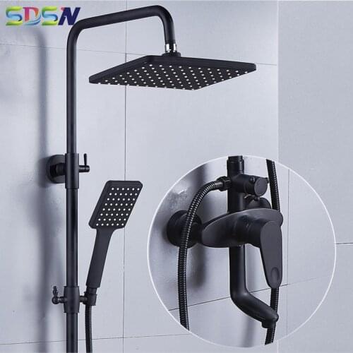 Wall Mounted Bath Shower Set Rainfall Bathroom Shower Head Suqare Hand Shower Solid Brass Bath Shower Faucet Black Shower Set