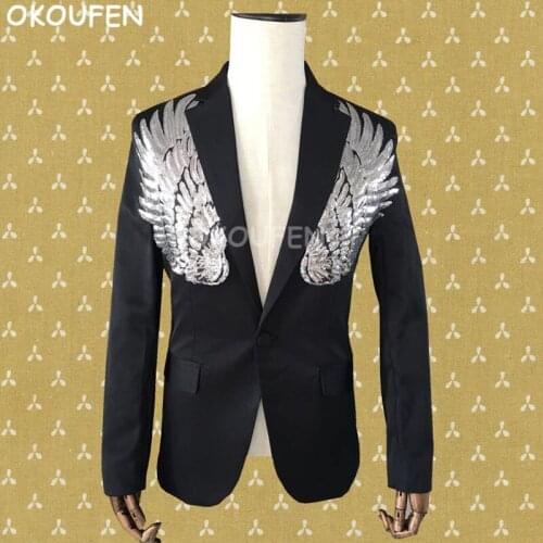 2018 New Fashion Wing printed Suits Nightclub Bar Male Sequin Slim Suit Costume Rock Male DS stage Show wear