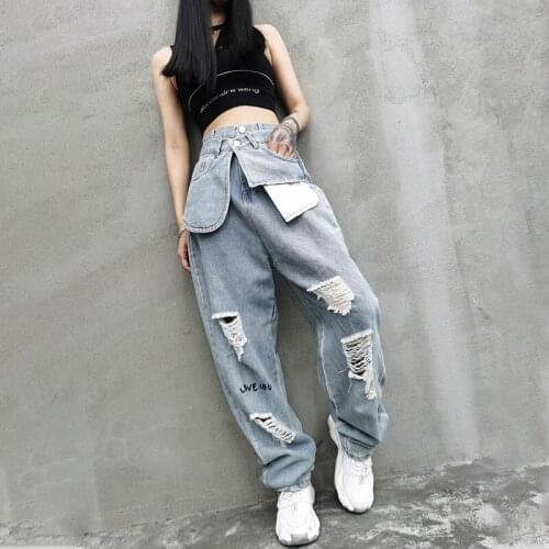 2021 Autumn Fashion New Women Jeans Loose Straight High Waist Jeans Trend Ripped Wide Leg Pants Blue LL77