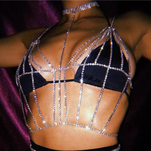 Bohemian Fashion Sexy Chest Chain for Women Full Rhinestone Cross Chest Chain Shining Crystal Bra Body Necklace Choker Jewelry