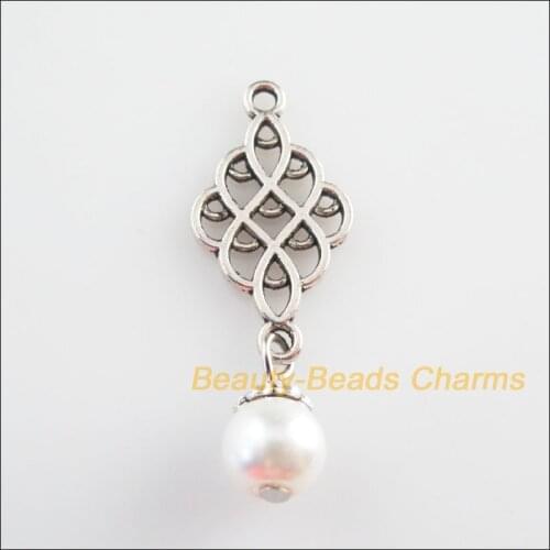 New 15Pcs Tibetan Silver Color White Glass Round Beads Knot Charms Pendants 14x37mm