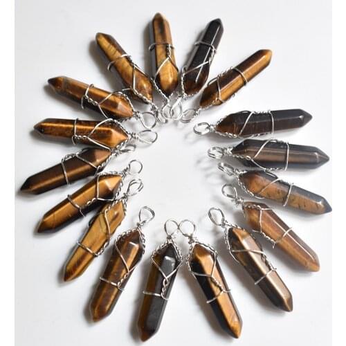 Wholesale 20pcs/lot natural tiger eye stone pillar shape point handmade iron wire pendants for jewelry making free shipping