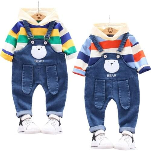 Autumn Baby Boys Clothing Set Cartoon Bear Cotton Striped Hooded Jacket And Overalls Jeans 1-4 Years Old Girls Suit Kids Clothes