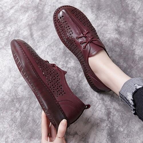 Autumn Women Flats Sports Shoes Genuine Leather Women Sneakers Ladies Flat Shoes Solid Color Round Toe Womens Lace Up Shoe