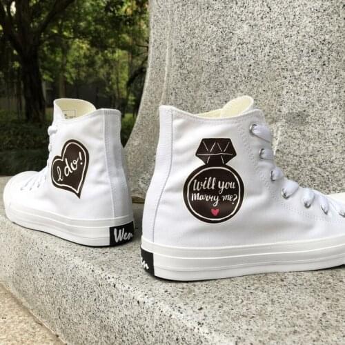 Wen Canvas Shoes Original Propose MARRY ME I DO Pattern Design White Black High Top Unisex Sneaker Shoes for Wedding Courtship