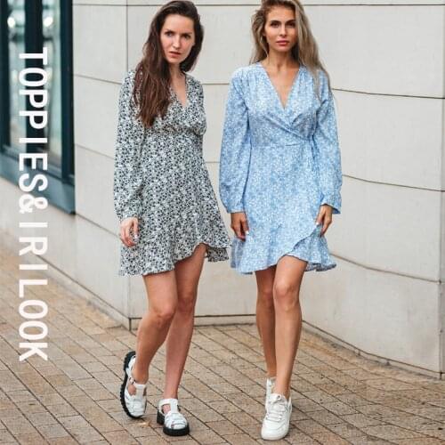 Toppies 2021 New Women Dresses Sexy V Neck Printed Dress Belt Long Sleeve Wrap Casual Mini A Line Dress