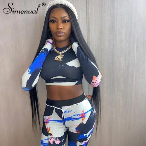 Simenual Casual Sportswear Workout Fitness 2 Piece Set Women Long Sleeve Tie Dye Print Outfits Crop Top And Leggings Co-ord Sets