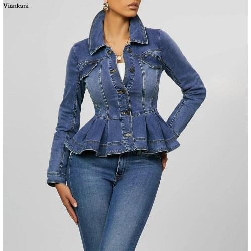 Slim Denim Jacket Women Fall Ruffles Turn Down Collar Tops Female Short Denim Single Breasted Jackets 2021 New Casual Feminina