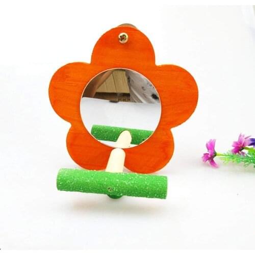 Bird Mirror with Perch Wooden Parrot Hanging Stand Play Toys for Parakeet Budgies Cockatiel Conure Finch Lovebird Cockatoo