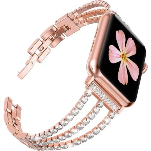 Woman Watchband for Apple Watch Bands 38mm 42mm Bracelet Replacement iWatch Series SE 6 5 4 40mm 44mm Strap Bling Rose-Gold
