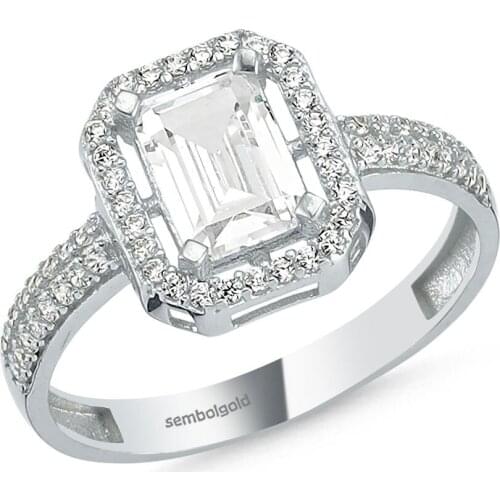 Sembolgold Baguette White Gold Solitaire Ring 1.50 Carat Wedding Engagement Anniversary Diamond Style for Beautiful Women