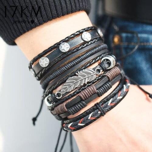 17KM Vintage Multilayer Leather Bracelet For Men Handmade Wristband Bracelet Punk Rope Jewelry Wrap Bracelets & Bangles 2019
