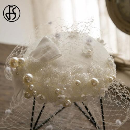 FS Women Fascinator Hat White Cocktail Wedding Party Church Hats Fashion Pearl Bow Veil Hair Accessories Bride Pillbox Hat