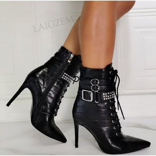 BERZIMER Women Ankle Boots Side Zip Up Stiletto Heels Booties Studded Black Handmade Ladies Shoes Woman Large Size 41 44 46 47