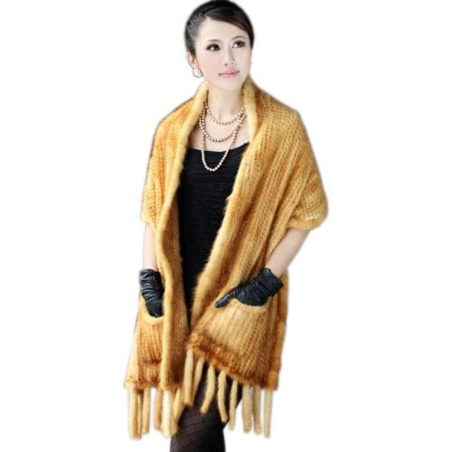 Womens Genuine Real Knitted Mink Fur Scarves with Tassels Lady Pashmina Wraps Autumn Winter luxury fashion Fur Shawls