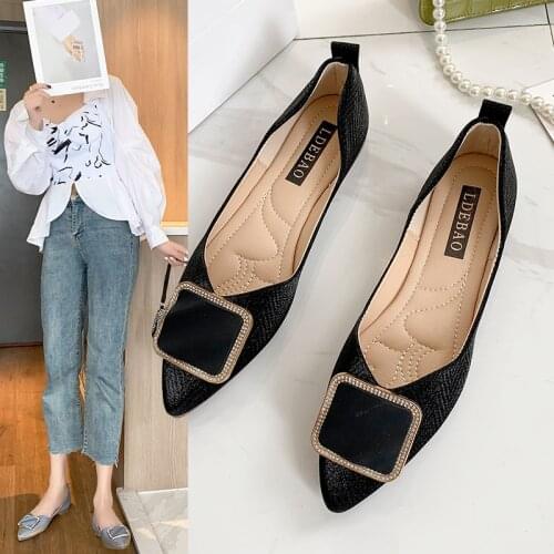 Womens Flat Shoes Korean Style Solid Color Pointed Toe Metal Square Buckle Doll Shoes