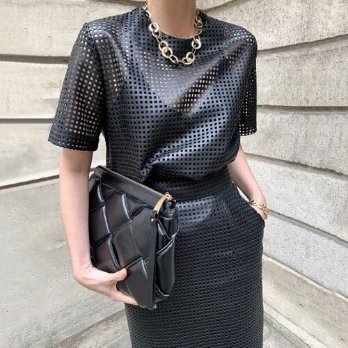 Woman suit skirt 2-piece set, retro round neck mesh hollow perspective leather short-sleeved top + high waist bag hip skirt suit