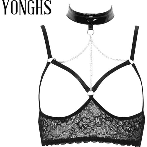 Womens Erotic Lingerie See Through Bra Top Sheer Lace Halter Neck Spaghetti Shoulder Straps Wire-free Hot Sexy Open Cups Bra Top