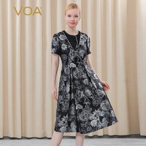 VOA 34m/m Silk Yarn-dyed Jacquard Round Neck Style Pleated Material Stitching Pleated Waist Short-sleeved Woman Dress AE529