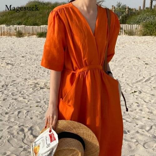 French 2021 Summer Women Holiday Wind Dress V-neck Pockets Solid Cotton Dress for Women Casual Loose Orange Dress Vestido 15188