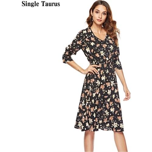 Womans Chiffon Dress Flowers Floral Print Flare Sleeve Beach Vestidos De Fiesta Casual Lady Elegant Ropa Mujer Mid Dress Women