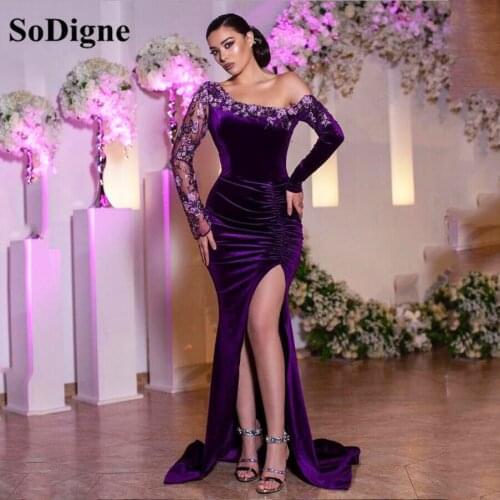 SoDigne One Shoulder Purple Velour Evening Dress Long Sexy Split Skirt Long Sleeves Lace Appliques Women Prom Party Gowns