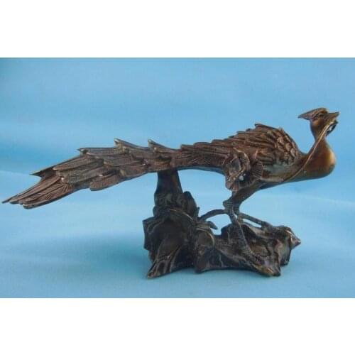 10" China Bronze Phoenix Juno Bird Bring Riches Honour Peony Statue