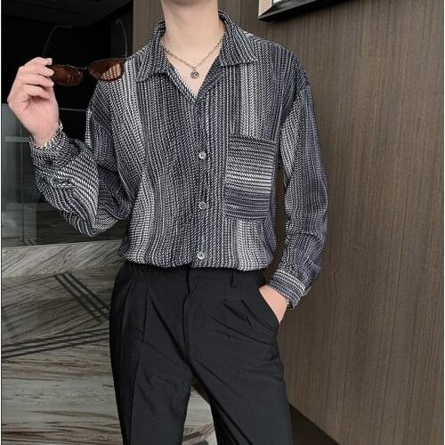 2021 Autumn Steiped Mens Shirt Unique Design Long Sleeve Lapel Casual Shirt Light Luxury Loose Streetwear Social Men Clothing