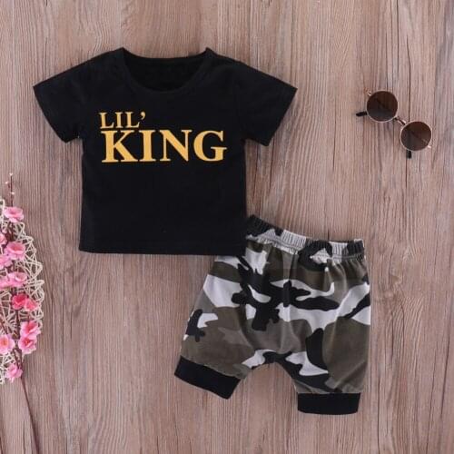 Children Baby Boys Clothing Set Kids Outfits 0-4Y King Letter Print Camouflage Short Sleeve Shorts 2cs Set