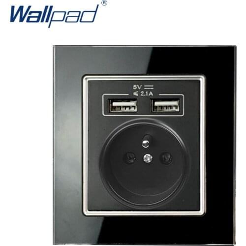 EU French Socket With 2 Usb Socket Port Charger 5V 2100mA Black Glass Panel Wallpad Luxury Wall Double USB Electric Power Outlet