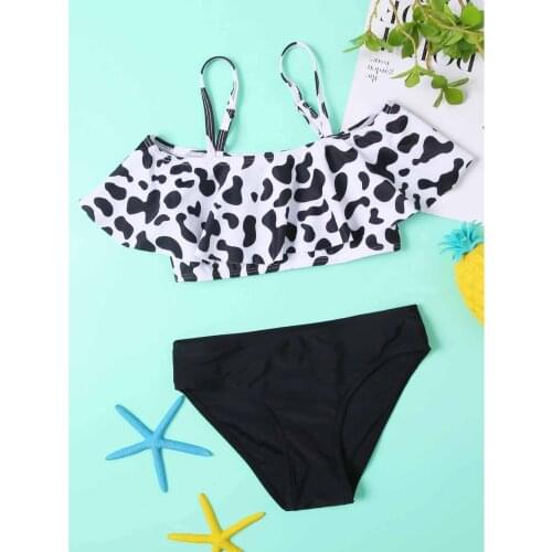 Toddler Baby Girls Swimwear Ruffled Sleeve Cow Printing Swimsuit 8-13 Years Old Swimming Beachwear Beach Romper Bathing Suit