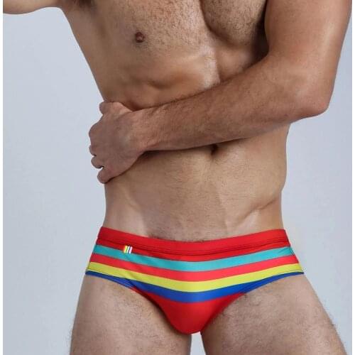 Rainbow Stripes Swimsuit Mens Swimwear Sexy Push Up Padded Beach Surfing Swim Briefs Bikini Swimming Trunks For Man Swim Shorts
